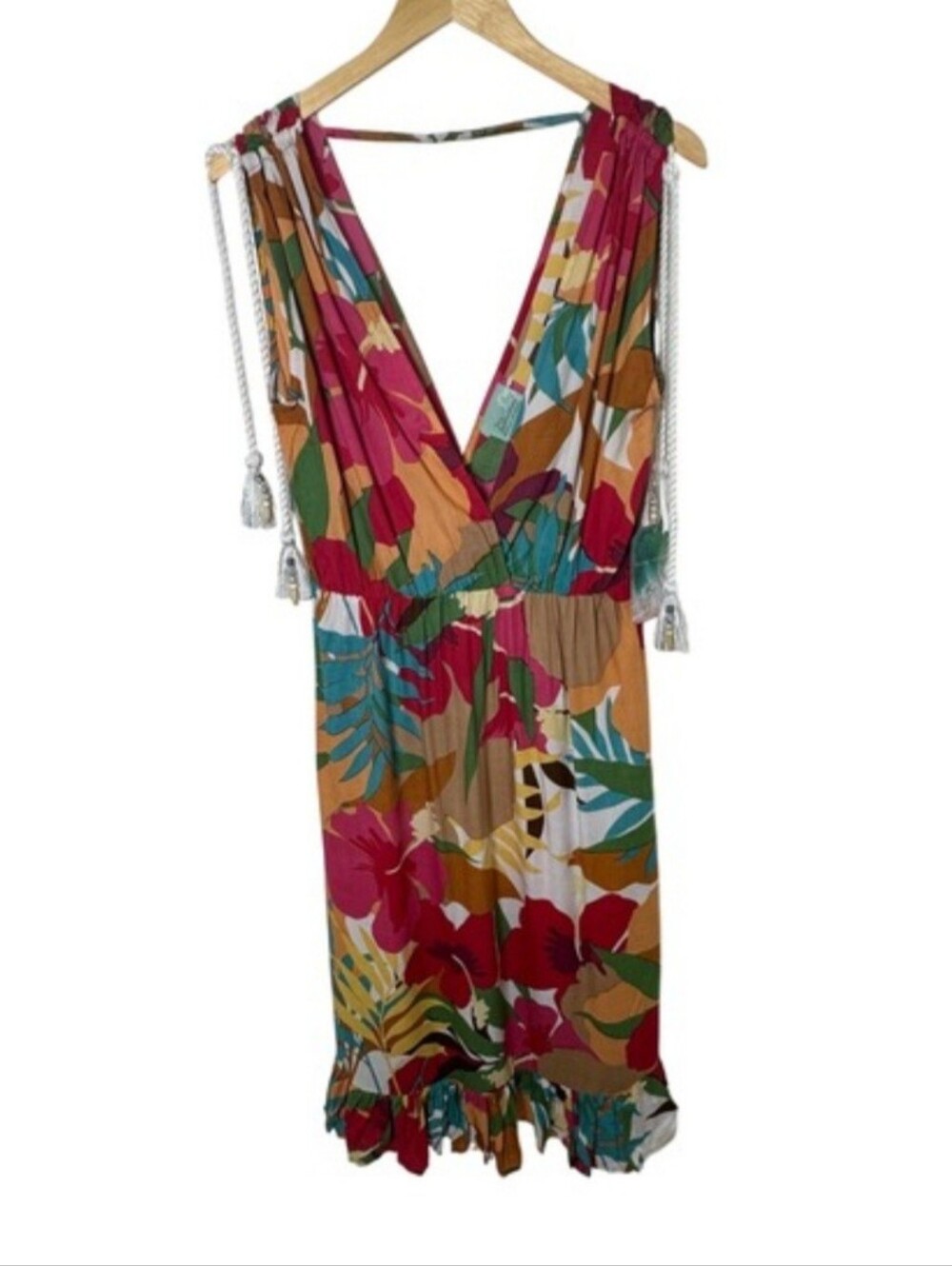 Floral Print Dress V-Neck Sleeveless Tassel Detail Summer Dress
